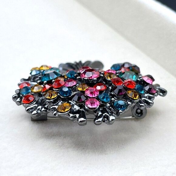 Gunmetal Gray with Multicolored Crystal Blooming Tree Pin Back Brooch - Picture 6 of 9